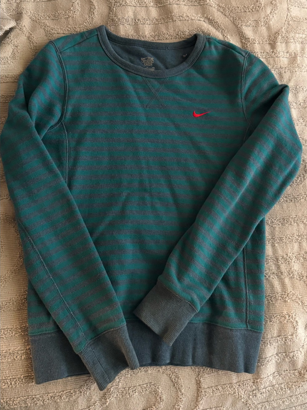 Nike Striped Teal and Blue Crewneck Sweater with Red Swoosh